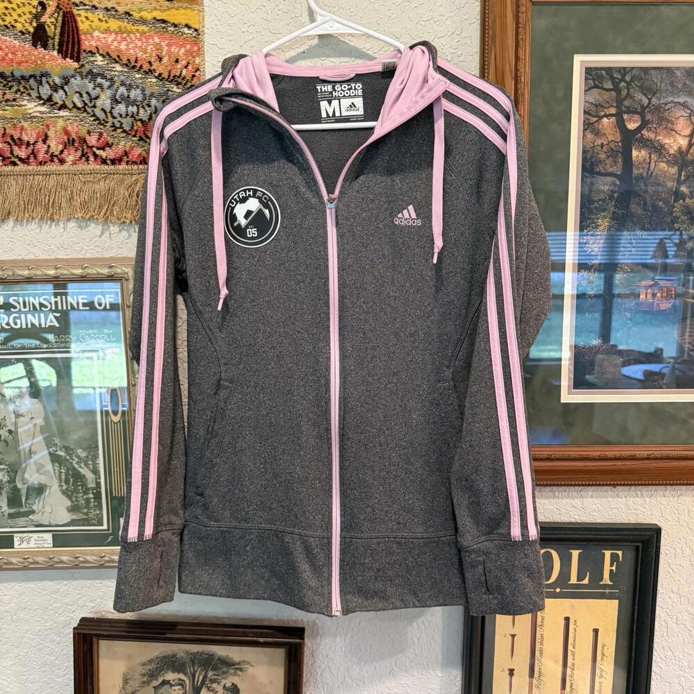 NWOT Adidas Utah FC‎ Gray And Pink Full Zip Designer Soccer Hoodie Size Medium